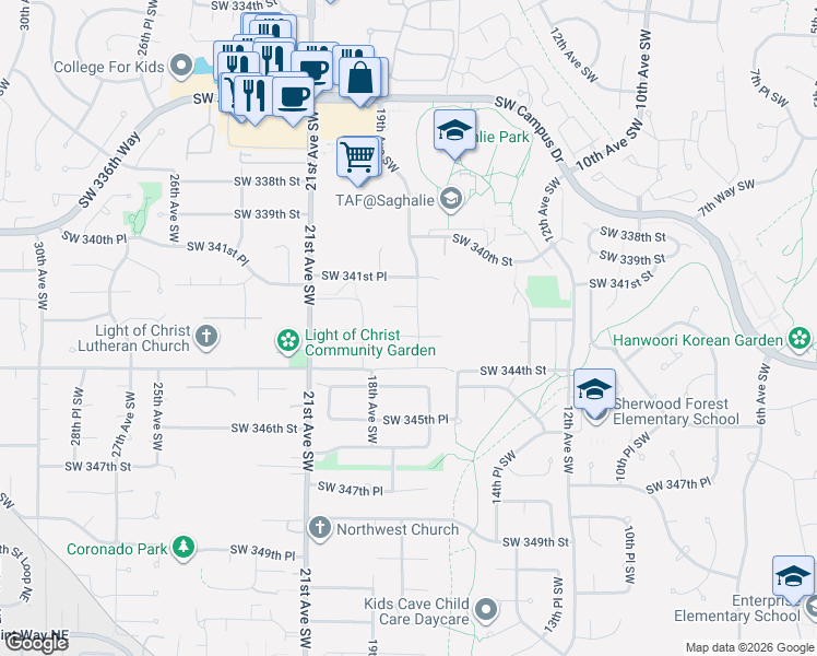map of restaurants, bars, coffee shops, grocery stores, and more near 34215 19th Avenue Southwest in Federal Way