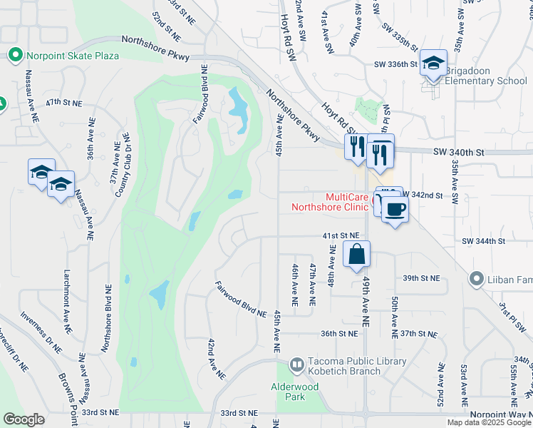map of restaurants, bars, coffee shops, grocery stores, and more near 4169 Augusta Drive Northeast in Tacoma