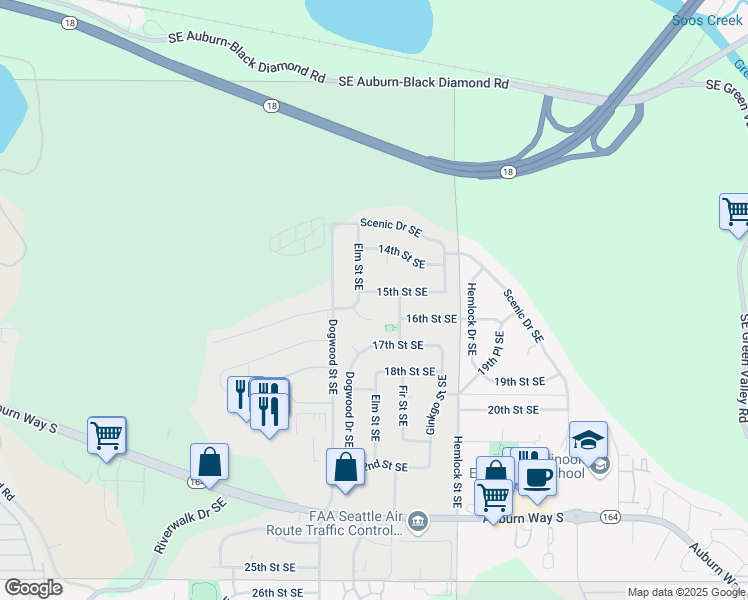 map of restaurants, bars, coffee shops, grocery stores, and more near 2919 15th Street Southeast in Auburn