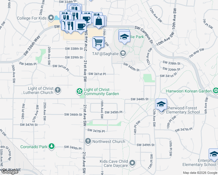 map of restaurants, bars, coffee shops, grocery stores, and more near 1923 Southwest 342nd Place in Federal Way
