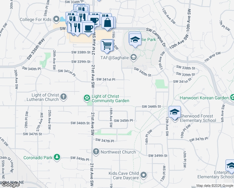 map of restaurants, bars, coffee shops, grocery stores, and more near 1923 Southwest 342nd Place in Federal Way
