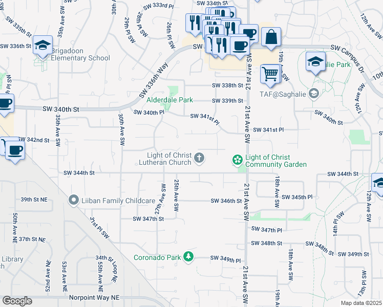 map of restaurants, bars, coffee shops, grocery stores, and more near 2406 Southwest 342nd Place in Federal Way