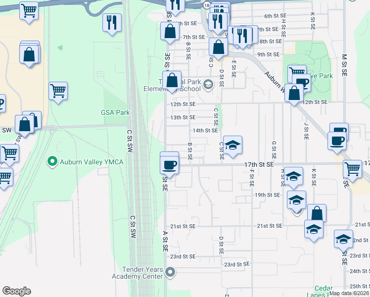 map of restaurants, bars, coffee shops, grocery stores, and more near 124 15th Street Southeast in Auburn