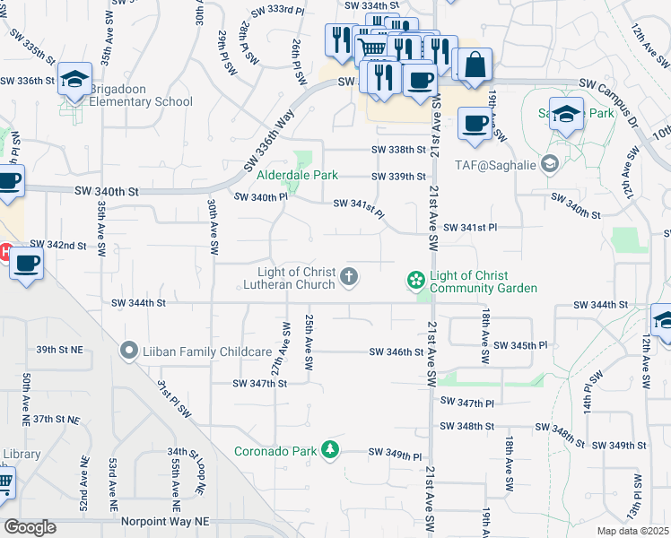 map of restaurants, bars, coffee shops, grocery stores, and more near 2406 Southwest 342nd Place in Federal Way