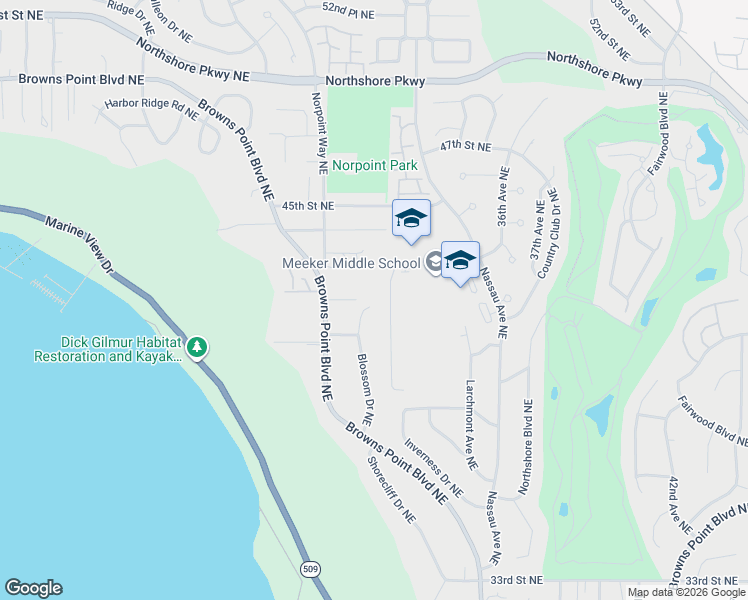 map of restaurants, bars, coffee shops, grocery stores, and more near 3225 41st Street Northeast in Tacoma
