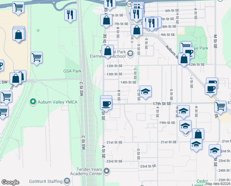 map of restaurants, bars, coffee shops, grocery stores, and more near 124 15th Street Southeast in Auburn