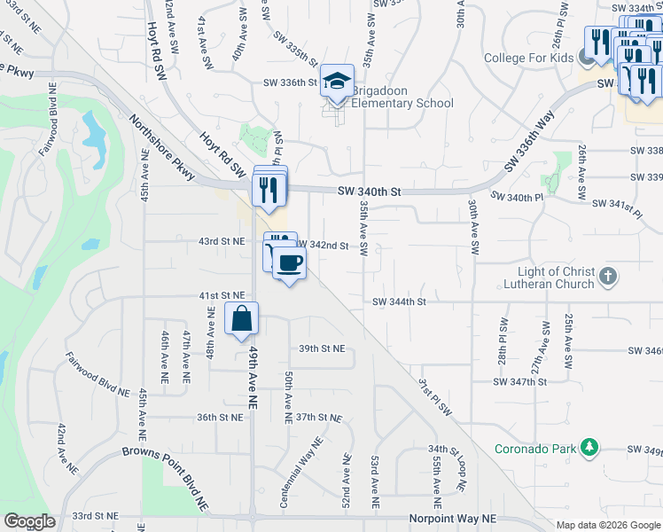 map of restaurants, bars, coffee shops, grocery stores, and more near 3611 Southwest 342nd Court in Federal Way