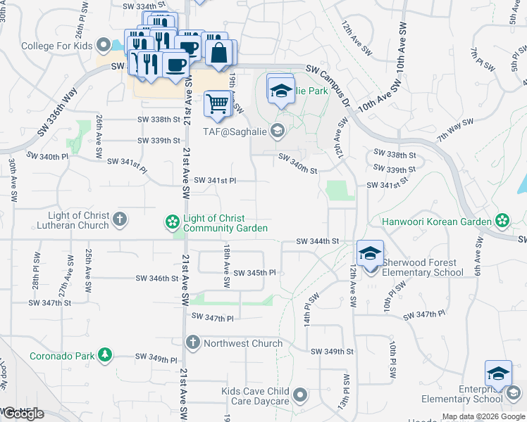 map of restaurants, bars, coffee shops, grocery stores, and more near 1905 Southwest 342nd Place in Federal Way