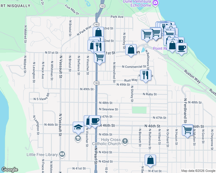 map of restaurants, bars, coffee shops, grocery stores, and more near 5623 North 49th Street in Ruston