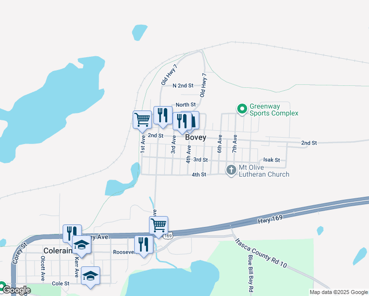 map of restaurants, bars, coffee shops, grocery stores, and more near 204 4th Avenue in Bovey