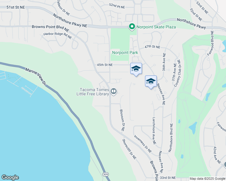 map of restaurants, bars, coffee shops, grocery stores, and more near 3101 42nd Street Northeast in Tacoma