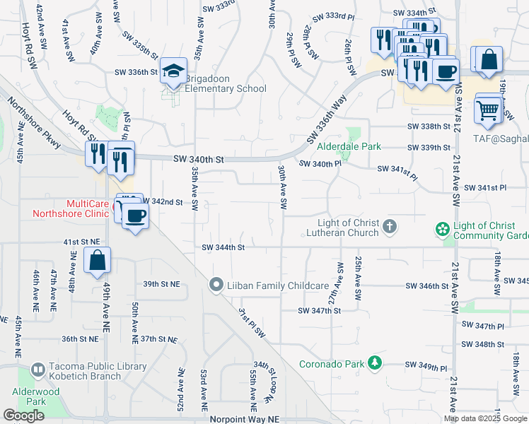 map of restaurants, bars, coffee shops, grocery stores, and more near 34213 31st Avenue Southwest in Federal Way