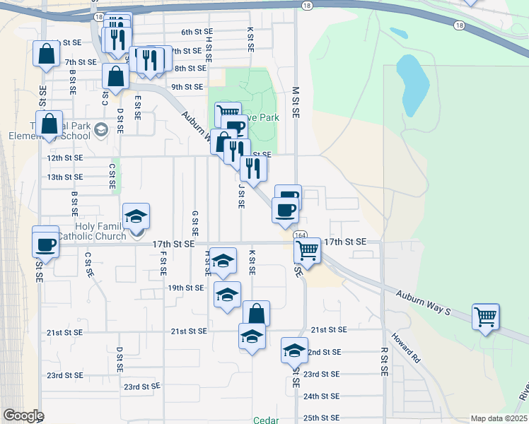 map of restaurants, bars, coffee shops, grocery stores, and more near 1407 Auburn Way South in Auburn