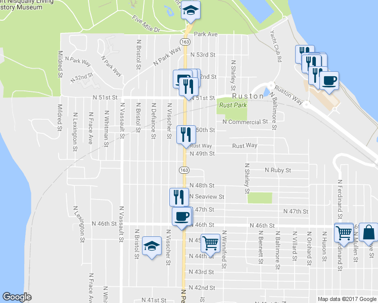 map of restaurants, bars, coffee shops, grocery stores, and more near 4915 North Pearl Street in Ruston