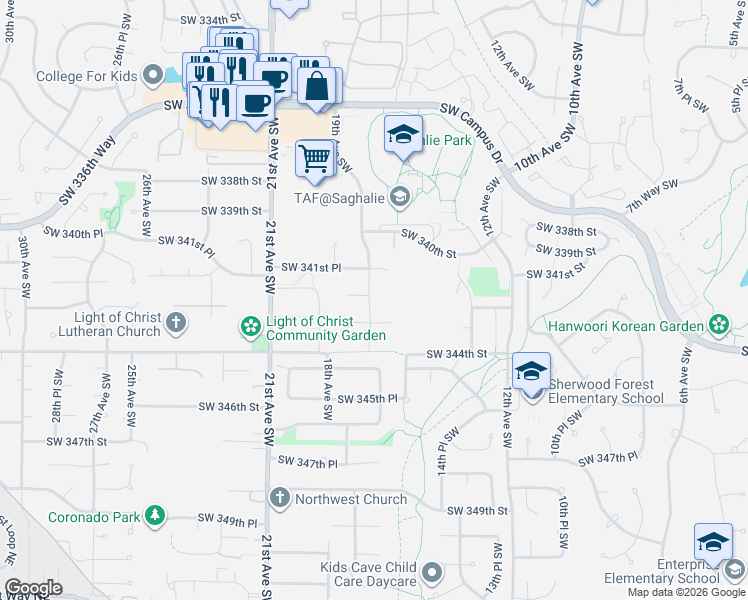 map of restaurants, bars, coffee shops, grocery stores, and more near 27th Avenue Southwest in Federal Way