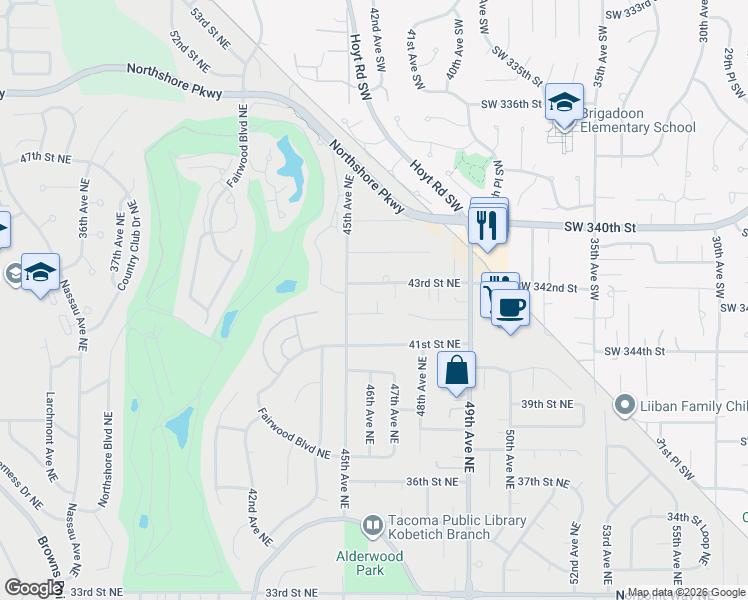 map of restaurants, bars, coffee shops, grocery stores, and more near 4521 42nd Street Northeast in Tacoma