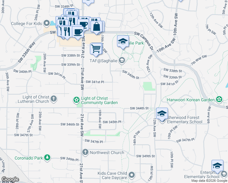 map of restaurants, bars, coffee shops, grocery stores, and more near 35th Avenue Southwest in Federal Way