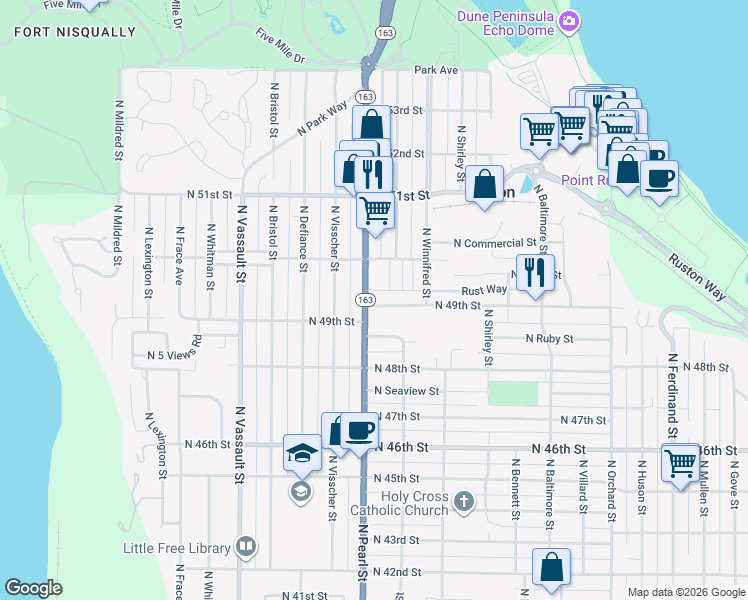 map of restaurants, bars, coffee shops, grocery stores, and more near 4915 North Pearl Street in Ruston