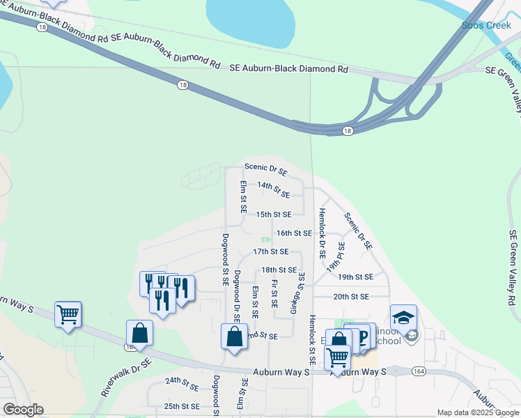 map of restaurants, bars, coffee shops, grocery stores, and more near 2919 15th Street Southeast in Auburn