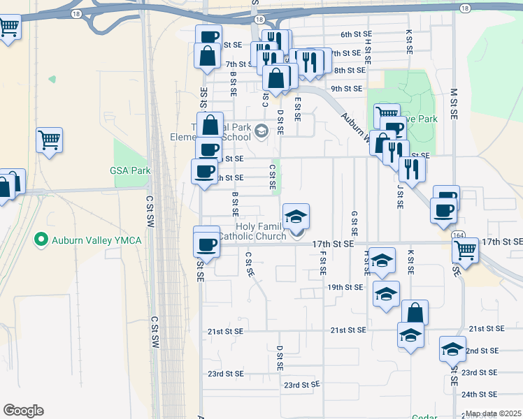 map of restaurants, bars, coffee shops, grocery stores, and more near 1400-1698 C Street Southeast in Auburn