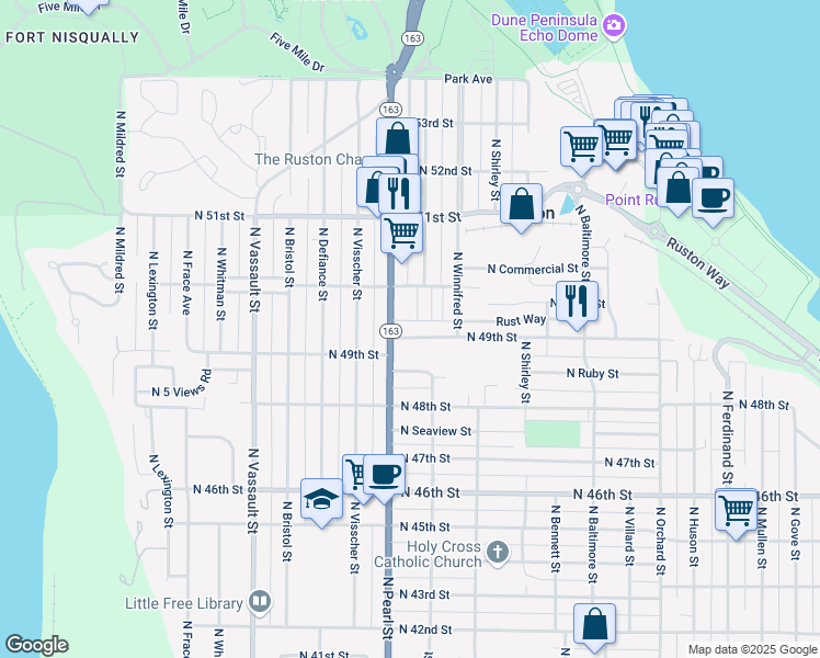 map of restaurants, bars, coffee shops, grocery stores, and more near 4915 North Pearl Street in Ruston