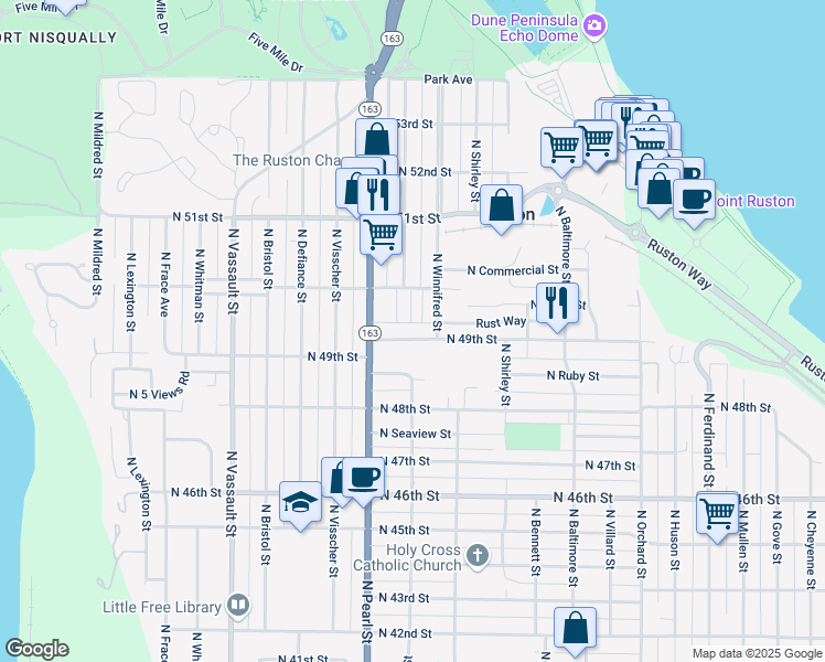 map of restaurants, bars, coffee shops, grocery stores, and more near 5623 N 49th St in Ruston
