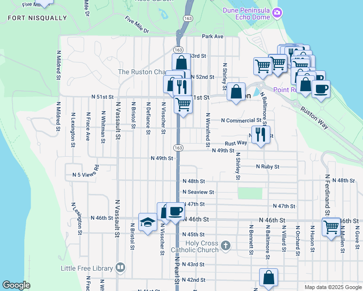 map of restaurants, bars, coffee shops, grocery stores, and more near 4915 North Pearl Street in Ruston