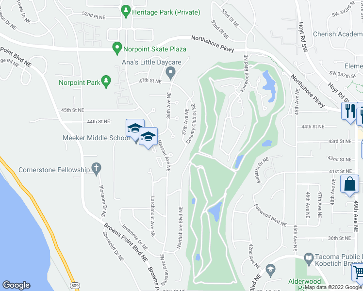 map of restaurants, bars, coffee shops, grocery stores, and more near 4224 Country Club Drive Northeast in Tacoma