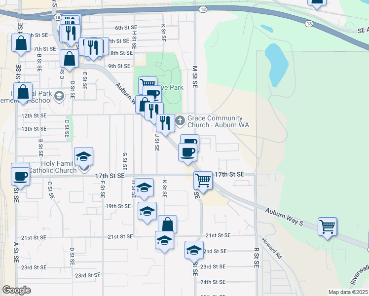 map of restaurants, bars, coffee shops, grocery stores, and more near 1428 Auburn Way South in Auburn