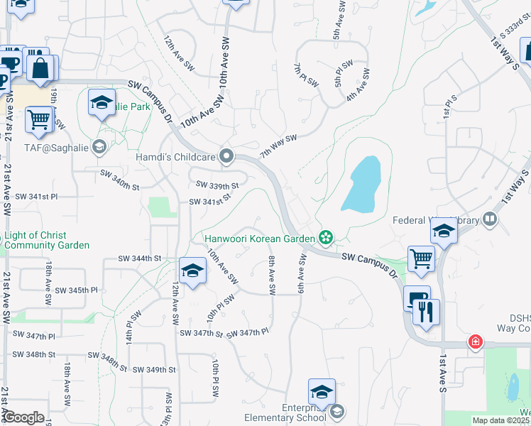map of restaurants, bars, coffee shops, grocery stores, and more near 34413 8th Court Southwest in Federal Way