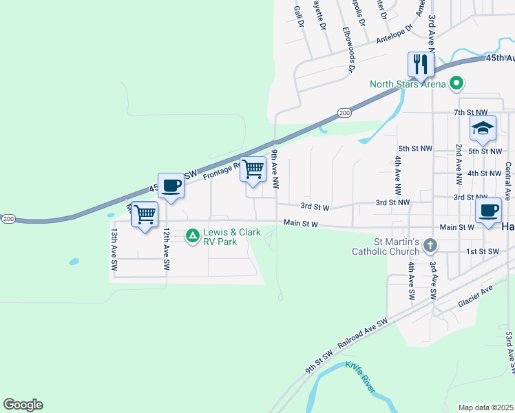 map of restaurants, bars, coffee shops, grocery stores, and more near 906 Main Street West in Hazen