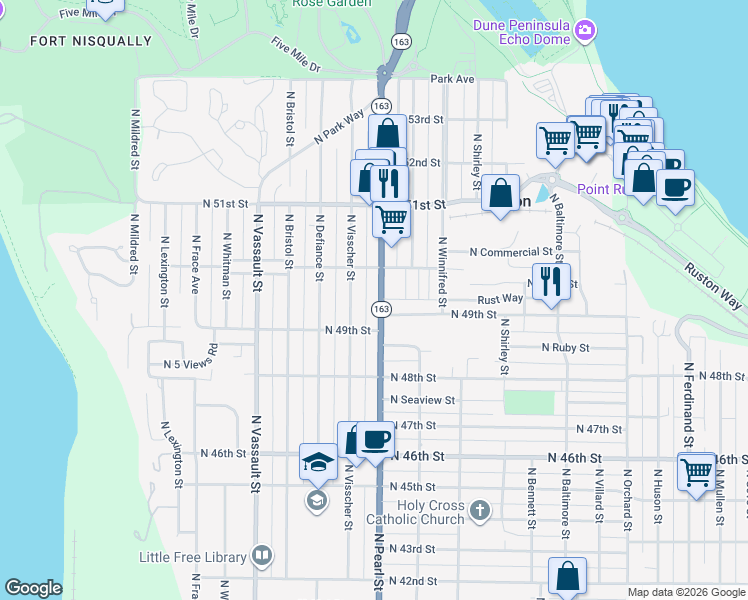 map of restaurants, bars, coffee shops, grocery stores, and more near 4915 North Pearl Street in Ruston
