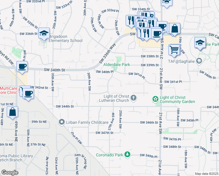 map of restaurants, bars, coffee shops, grocery stores, and more near 34218 28th Avenue Southwest in Federal Way