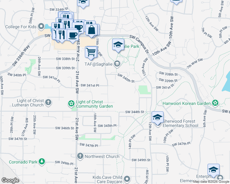 map of restaurants, bars, coffee shops, grocery stores, and more near 34212 19th Avenue Southwest in Federal Way