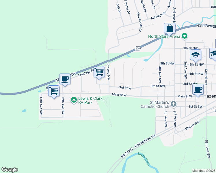 map of restaurants, bars, coffee shops, grocery stores, and more near 906 Main Street West in Hazen