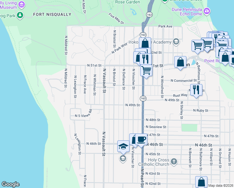 map of restaurants, bars, coffee shops, grocery stores, and more near 4914 North Bristol Street in Tacoma