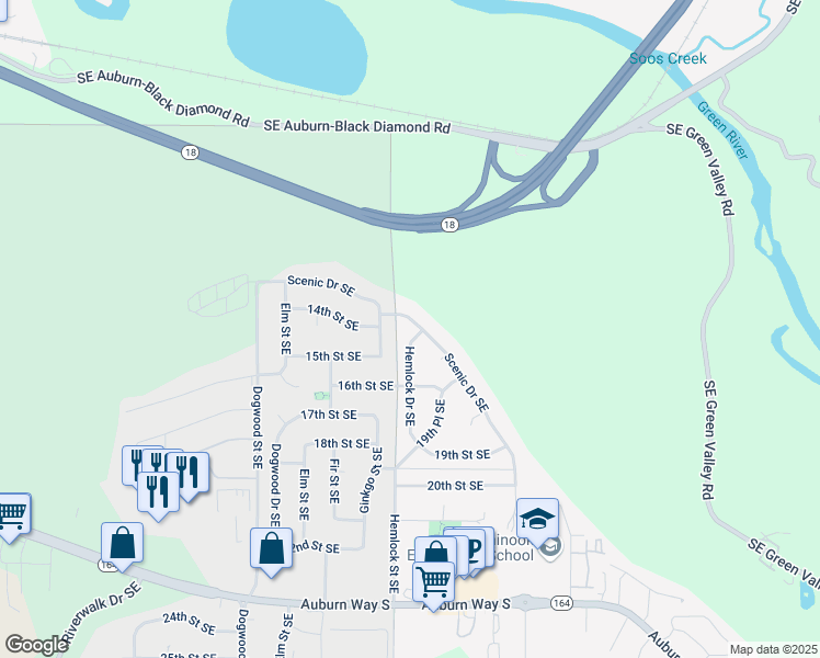 map of restaurants, bars, coffee shops, grocery stores, and more near 3270 Scenic Drive Southeast in Auburn