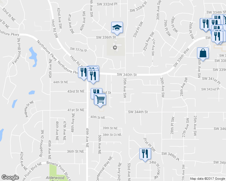 map of restaurants, bars, coffee shops, grocery stores, and more near 3568 Southwest 342nd Street in Federal Way