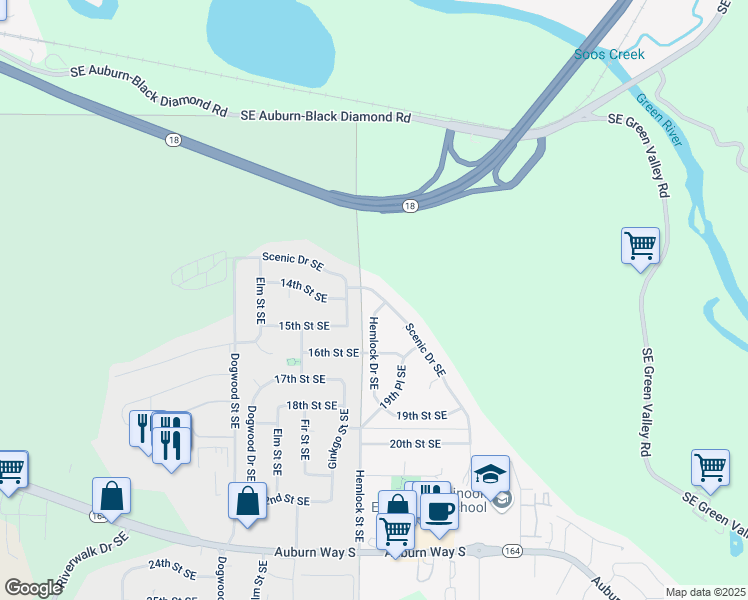 map of restaurants, bars, coffee shops, grocery stores, and more near 3270 Scenic Drive Southeast in Auburn