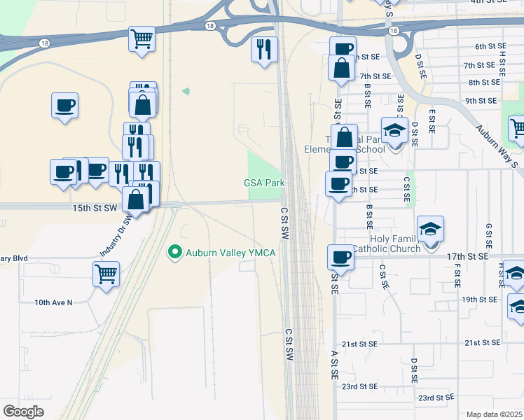 map of restaurants, bars, coffee shops, grocery stores, and more near 8332 Aleshire Avenue in Auburn