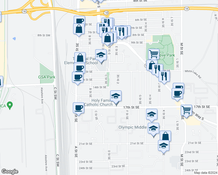 map of restaurants, bars, coffee shops, grocery stores, and more near 1400 C Street Southeast in Auburn
