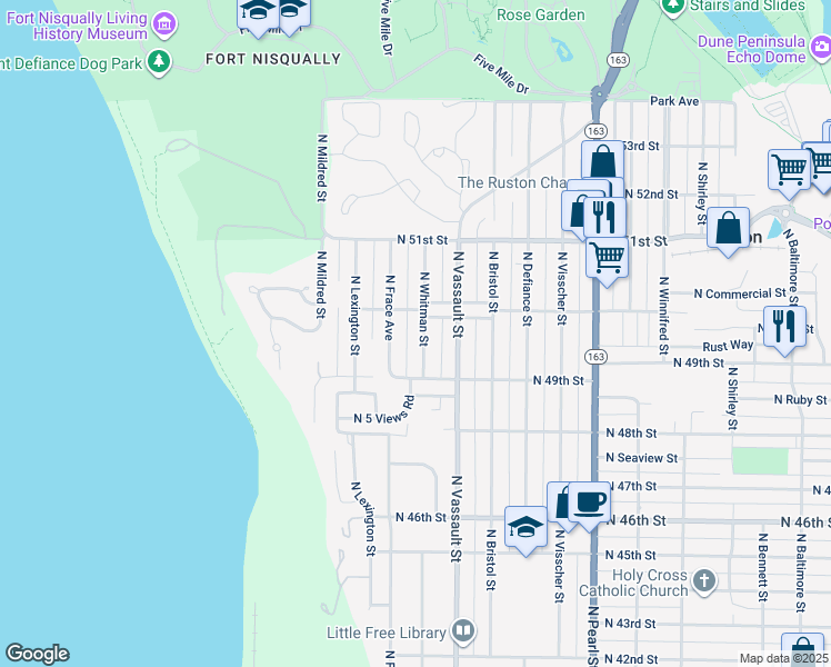 map of restaurants, bars, coffee shops, grocery stores, and more near 4932 North Whitman Street in Tacoma