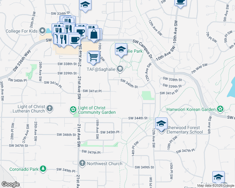 map of restaurants, bars, coffee shops, grocery stores, and more near 1749 Southwest 341st Place in Federal Way