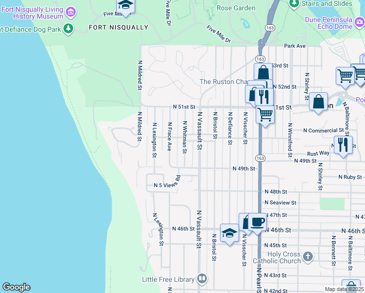 map of restaurants, bars, coffee shops, grocery stores, and more near 4930 North Whitman Street in Tacoma