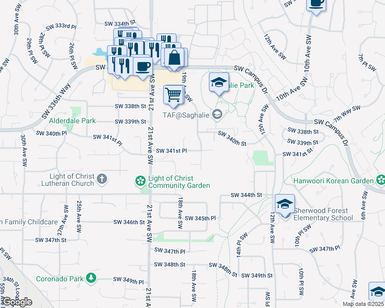 map of restaurants, bars, coffee shops, grocery stores, and more near 1913 Southwest 341st Place in Federal Way