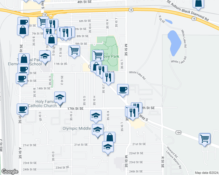 map of restaurants, bars, coffee shops, grocery stores, and more near 1403B Auburn Way South in Auburn