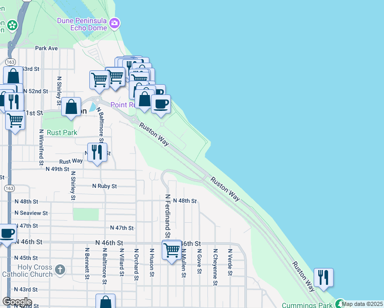 map of restaurants, bars, coffee shops, grocery stores, and more near 4907 Main Street in Tacoma