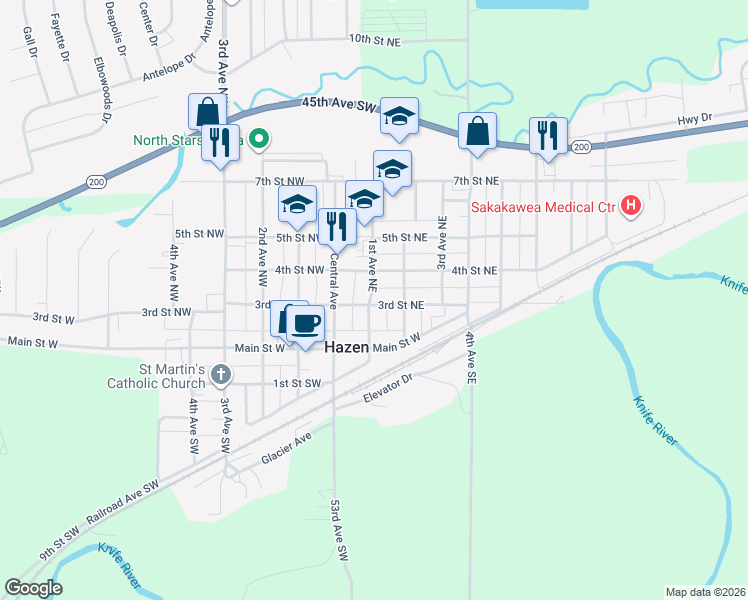 map of restaurants, bars, coffee shops, grocery stores, and more near 13-99 4th St NE in Hazen