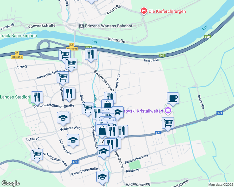 map of restaurants, bars, coffee shops, grocery stores, and more near 30 Swarovskistraße in Wattens