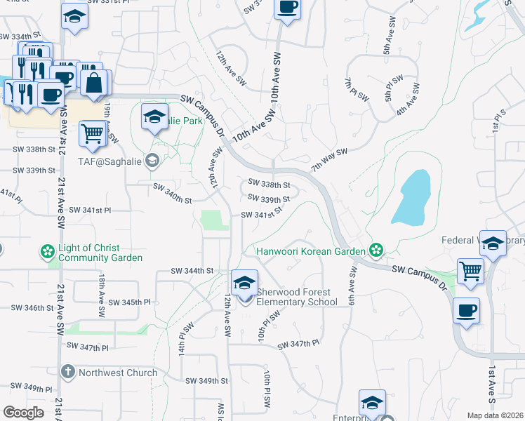 map of restaurants, bars, coffee shops, grocery stores, and more near 922 Southwest 341st Street in Federal Way